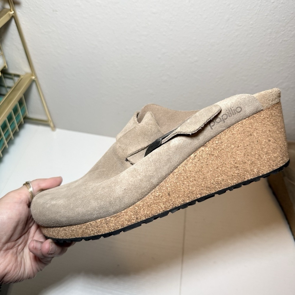 Papillio by Birkenstock Fanny Wedge Clog In Warm Sand Suede Size 41 US 10 - Picture 13 of 16